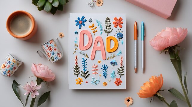 A flat lay view of a cute Fathera??s Day celebration card, featuring charming fonts, a bright color palette, and festive patterns, perfect for sending love to dad.