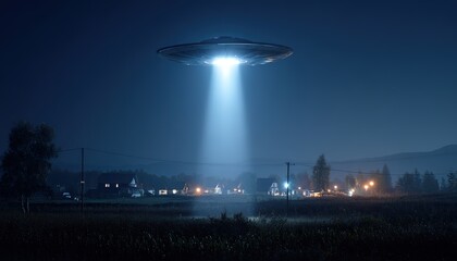 Fototapeta premium UFO Emitting Beam Over Night Village. It shows a UFO with a bright light beam above a nighttime village. Ideal for sci - fi, alien, or mystery visuals