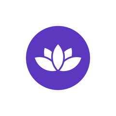 Elegant white lotus flower symbol on a vibrant purple circular background, representing tranquility, purity, wellness, and spiritual harmony in a clean, modern graphic design style