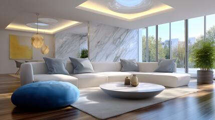 The image shows a modern, minimalist living room with a sleek white sectional sofa accented by soft blue pillows. A low round coffee table with simple decorative vases sits on a light rug, complemente