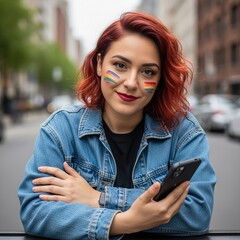 Young Woman with Rainbow Pride Flags on Face Holding Smartphone Outdoors