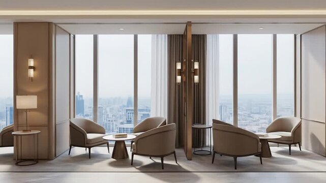 Luxurious Waiting Room with Beige Armchairs Small Tables and City View through Large Windows in Neutral Colors and Natural Light for Adobe Stock Photo