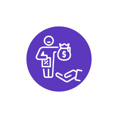 Financial aid concept, person holding money bag receiving help from another hand with percentage icon