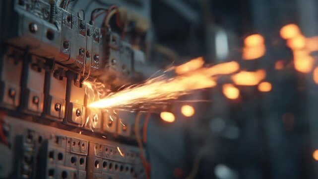 Electric sparks flying from circuit breakers in industrial setting  