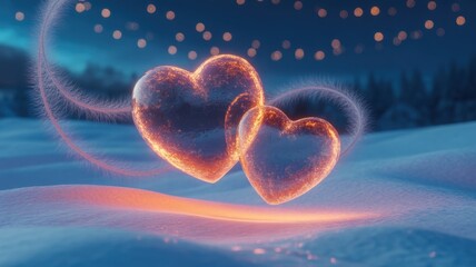 Obraz premium Glowing Hearts in Snowy Night: Two radiant hearts shimmer and pulse in the hushed stillness of a snowy night, exuding warmth and affection, symbolizing love's enduring flame.