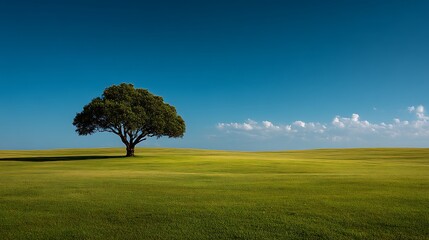 Single tree in a green meadow with a clear blue sky above, creating the perfect backdrop for eco campaign or sustainability message with vast empty space.
