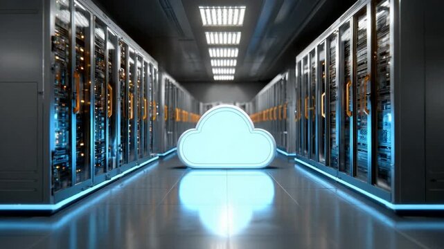 Data Cloud at the Center: A vivid shot of a modern data center, featuring server racks lining the pathway to a glowing cloud icon, symbolizing the power of cloud computing and data management. 