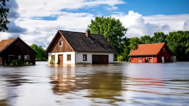 Three Brown and White Houses Surrounded by Floodwater Under a Blue and White Sky Landscape Scenery