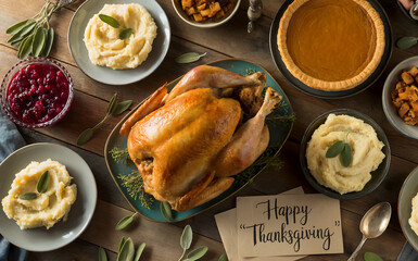 A photograph of a bountiful Thanksgiving feast arranged on a rustic wooden table, viewed from directly above. The table is laden with a golden-brown roasted turkey, fluffy mashed potatoes, vibrant cra