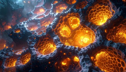 Dynamic abstract digital art of a vibrant, molten orange cellular core glowing intensely within an intricate dark fractal matrix, evoking an energetic and futuristic conceptual vision
