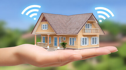 Hand holding a miniature smart house with Wi-Fi signals above it, symbolizing home automation and connectivity
