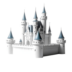 Obraz premium A pristine white castle with teal-blue conical towers, crenellated walls, and arched entryway, set against a black background