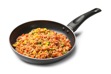 Delicious fried rice with vegetables and bacon in frying pan isolated on white