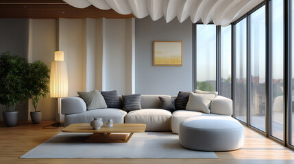 The image shows a modern minimalist living room with a cozy and elegant atmosphere. A white sectional sofa with gray and striped pillows is placed against a light-colored wall, complemented by a large