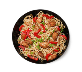 Tasty noodles with chicken, green onions and vegetables isolated on white, top view