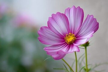 Fototapeta premium Cosmos petal in bright pink with delicate notched tip on white background 