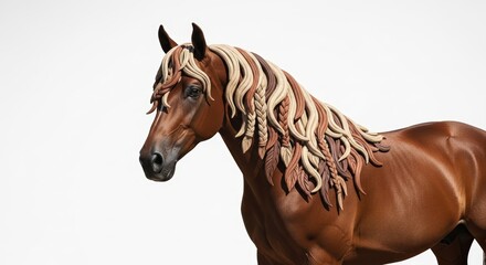 A majestic chestnut horse with a beautifully braided mane and forelock stands against a clean white background.