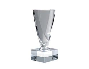 A sleek, clear crystal trophy with a tapered, inverted-cone shape sits atop a square, beveled base