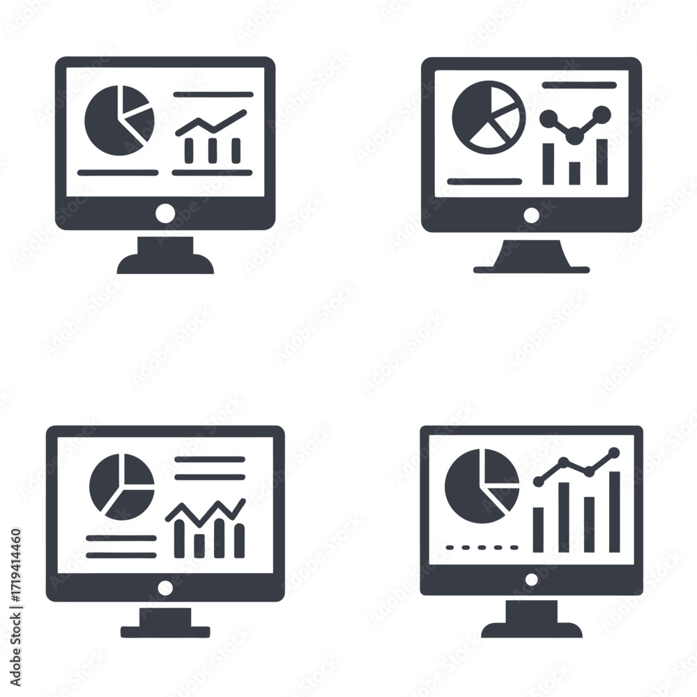 Poster four computer screens displaying various dark gray charts and graphs on white background monitor
