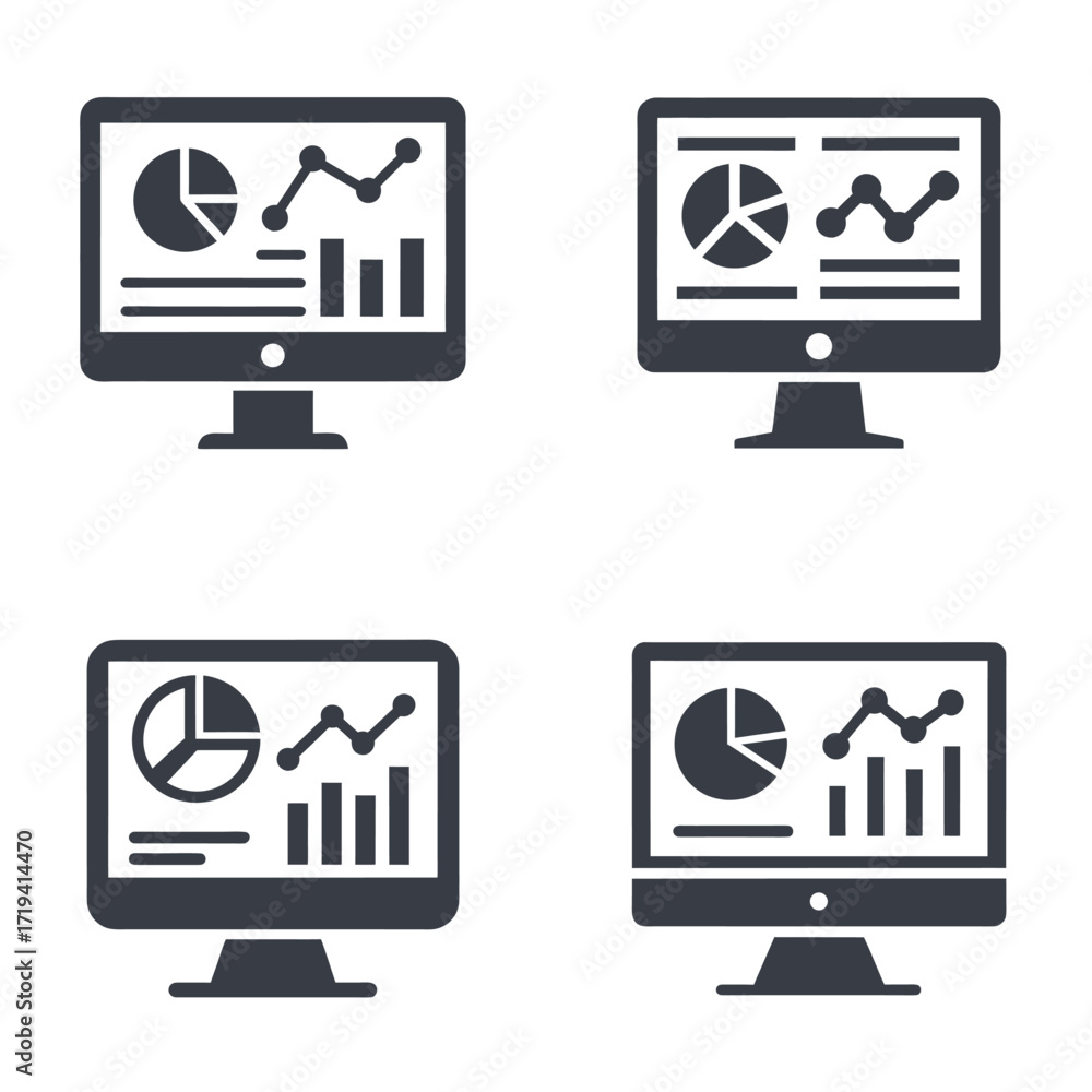 Poster four dark gray computer monitors displaying charts and graphs screen