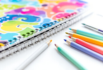 Colorful Art Supplies: Notebook and Pencils on White Background