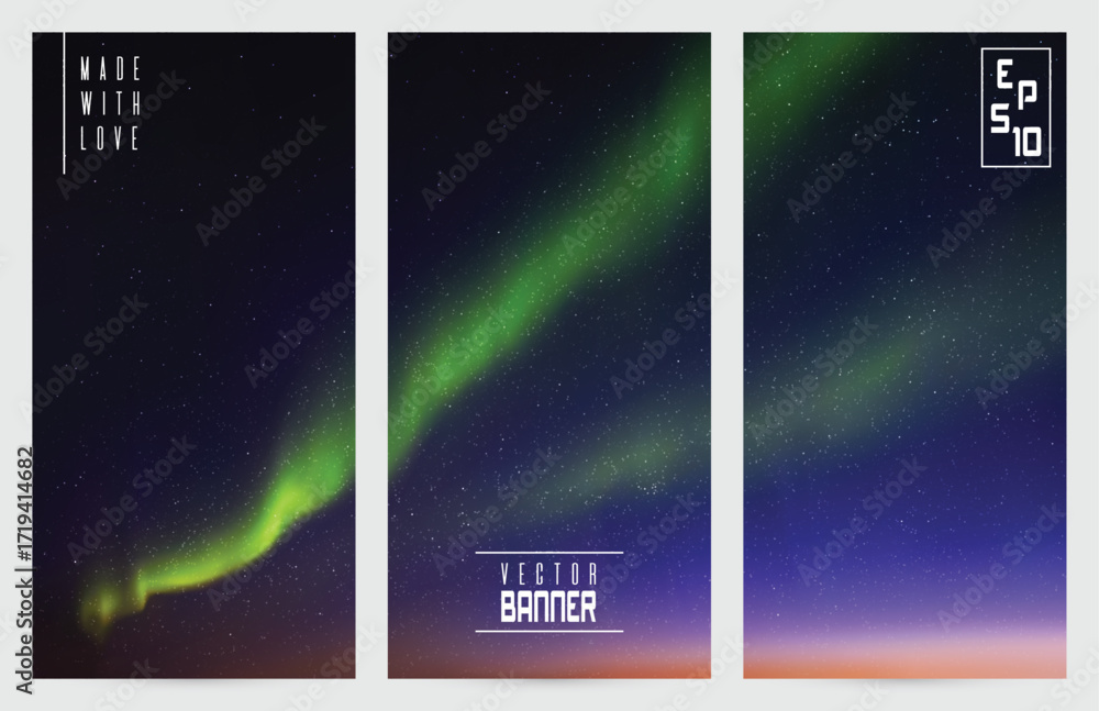 Sticker northern lights. green aurora borealis. abstract vector banner set