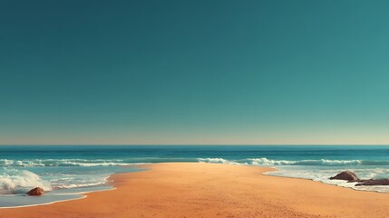 Golden sandy beach with calm ocean horizon and clear sky, offering ample space for summer sale promotions or travel marketing messages.