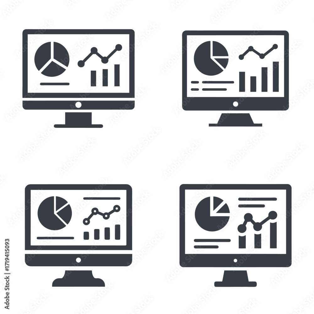 Poster four dark grey computer monitors displaying financial charts and graphs screen technology 1