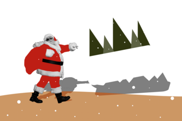 Composite photo collage of happy old santa claus man carry present bag new year tree bubble xmas postcard isolated on painted background