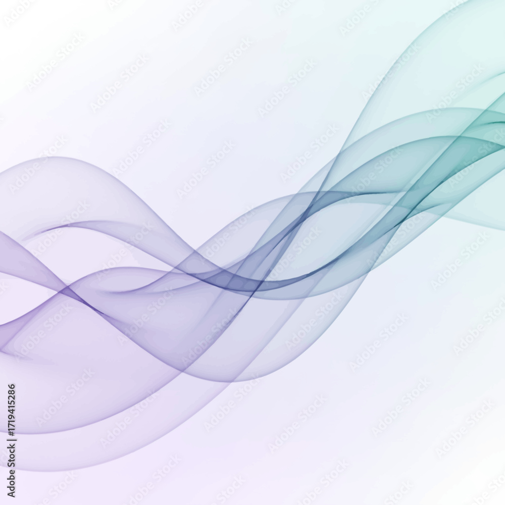 Poster abstract flowing teal and purple waves on a white background. the image features translucent, undula