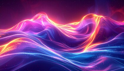 Obraz premium Vibrant abstract digital landscape of glowing neon energy waves and shimmering particles, depicting a futuristic data flow