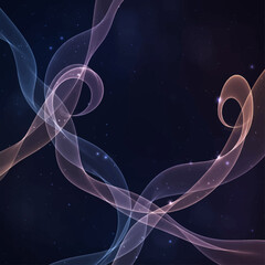 Celestial ribbons swirl in a dark, starry expanse, creating an ethereal and cosmic abstract design.