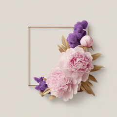 Decorative floral frame features pink peonies and purple blooms in elegant corner arrangement.

