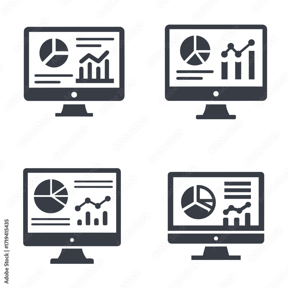Poster four dark grey computer monitors displaying financial charts and graphs screen technology
