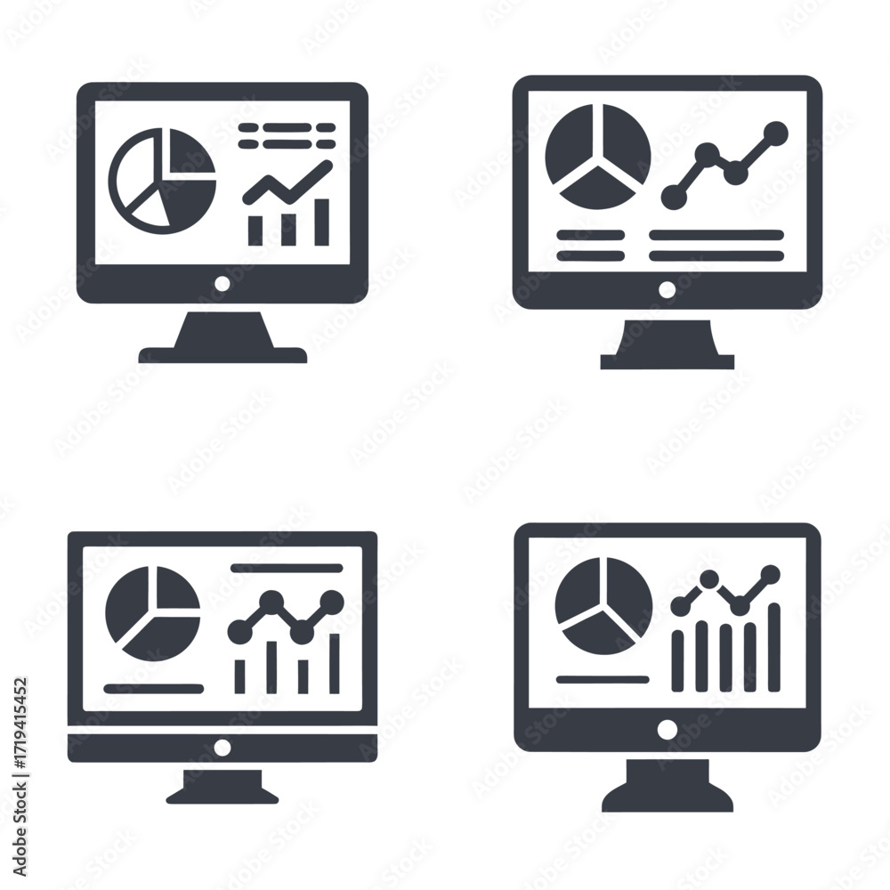 Poster four dark grey computer monitors displaying various charts and graphs screen