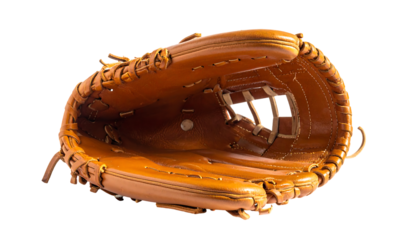 A tan leather baseball glove, viewed from inside, showcasing its intricate stitching, padded interior, and finger stalls