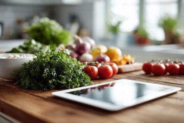sleek tablet displaying augmented reality recipe on clean kitchen table