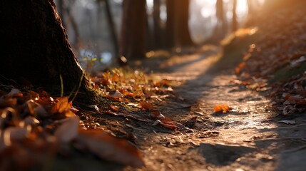 Obraz premium Golden autumn woodland path illuminated by warm sunlight with soft shadows and inviting seasonal atmosphere, perfect for backgrounds or seasonal projects