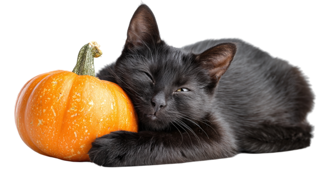 Cute black cat hugging a pumpkin with smiling expression isolated on transparent background 