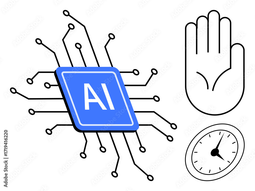 Poster ai chip surrounded by circuits, hand gesture, and clock representing technology, time, and communica
