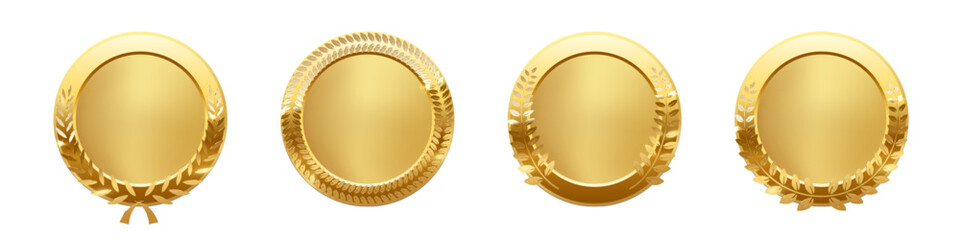 Set of gold medals with laurel decorations. Blank golden badges for awards, achievements, or certificates. Elegant circular frames for winner. Realistic vector illustration.