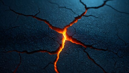 Cracked earth with glowing fissures and dark surface texture detail abstract design