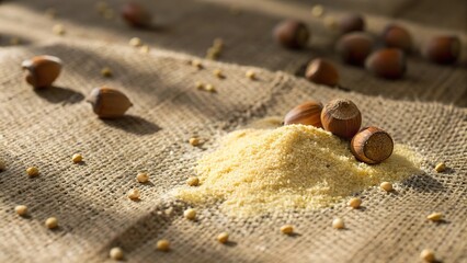 Cornmeal and acorns scattered on a burlap surface in a rustic setting during the afternoon light