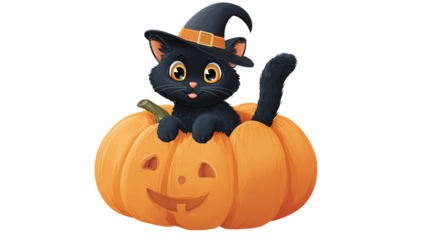 Cute black cat wearing a small witch hat sitting inside a smiling pumpkin, isolated on transparent background
