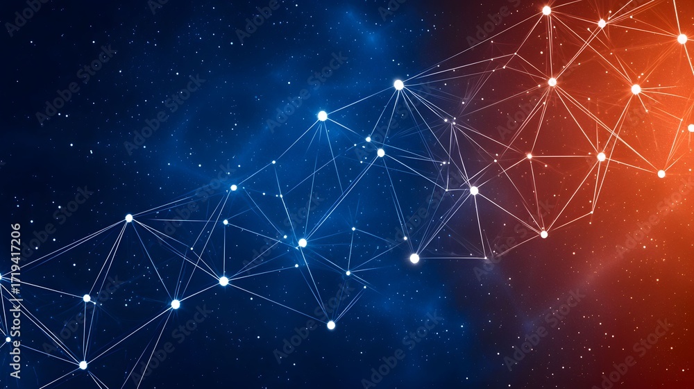 Aufkleber the image features a network of white dots connected by lines, set against a vibrant backdrop of a b