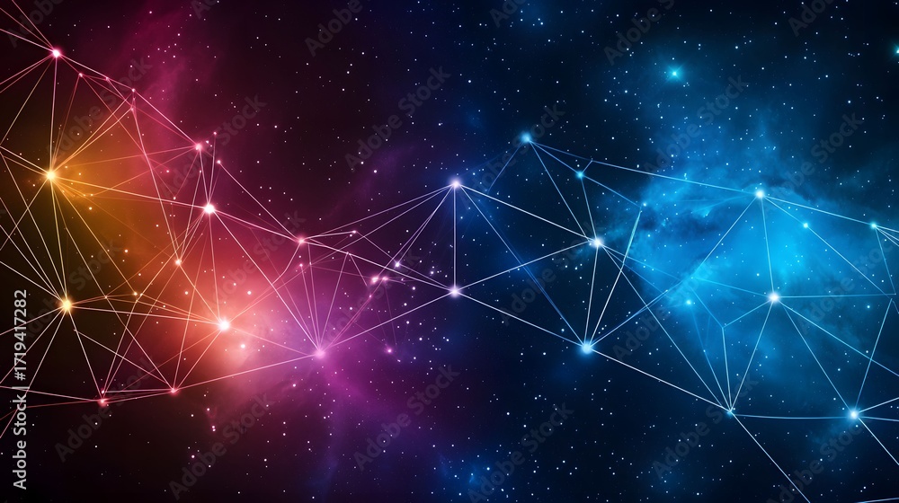 Poster it showcases a vibrant, multi-colored nebula filled with stars, overlaid with a network of interconn