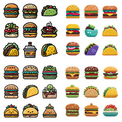 Satisfy your cravings with these playful cartoon burgers and tacos, perfect for menus, food blogs, and vibrant restaurant promotions. Delicious food illustration