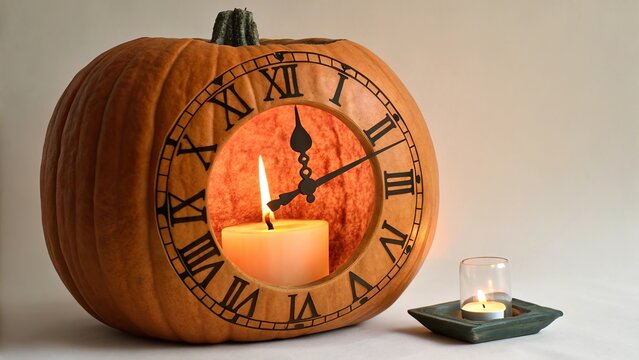 Carved pumpkin clock face with candle inside creates unique autumn decor for Halloween celebration