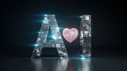 Circuit-patterned AI letters feature glowing pink heart symbolizing technological romance connection.