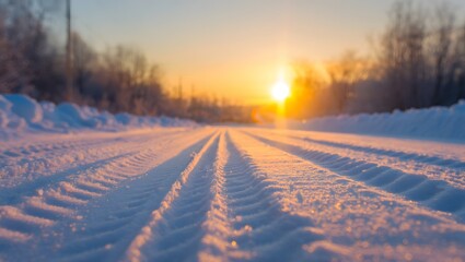 Winter road at sunrise with tire tracks and snow covered trees in the background